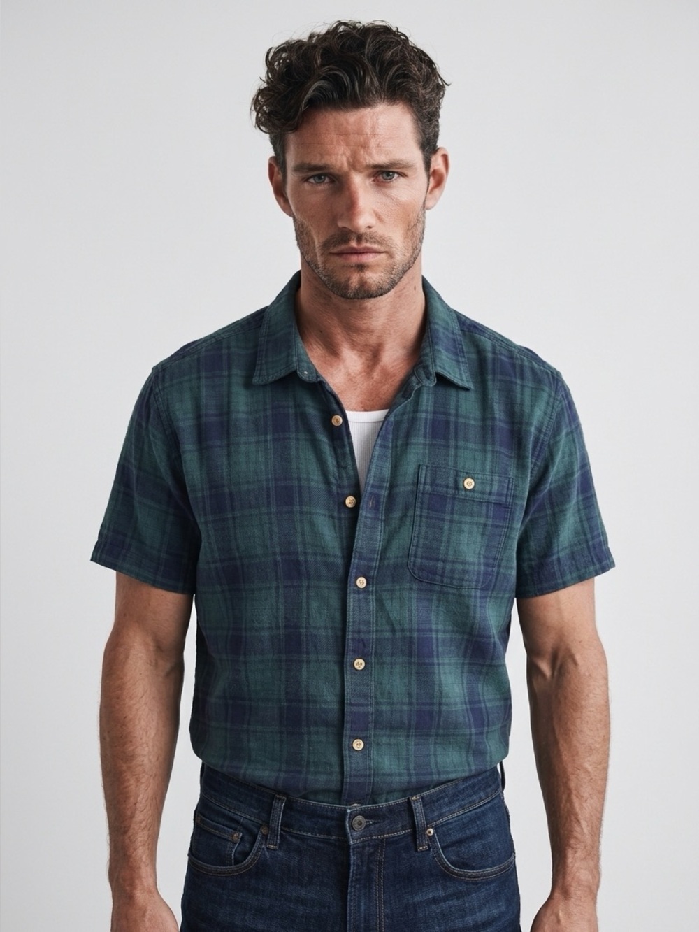 Grayers - 100% cotton - Green & Navy Short-Sleeve Plaid Button-Down Shirt